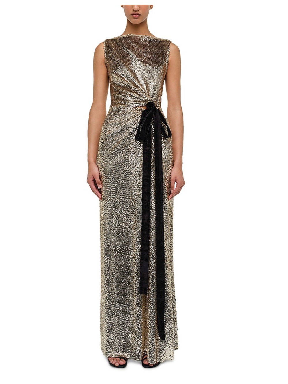 SIMKHAI Felicity Draped Sequin Gown Gold Black Velvet Bow Evening Dress NWT